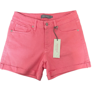 JUST USA Women's Cuffed Mid Rise Short in Fruit Punch Pink Denim Shorts